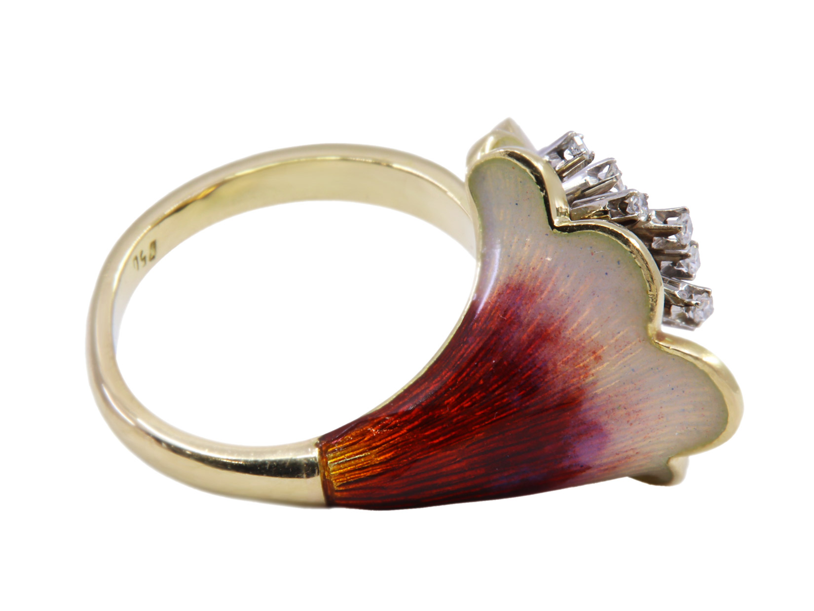 Anello oro 18kt con smalti a forma di giglio piccoli diamanti tot. gr. 13,2