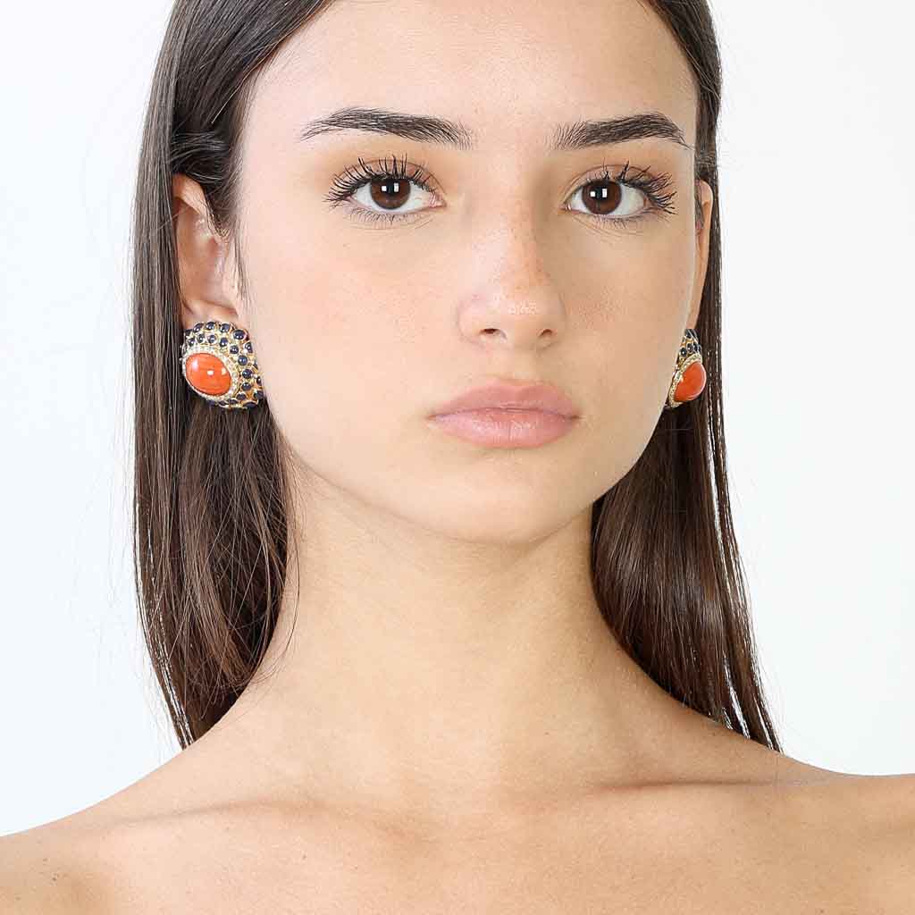 Orecchini corallo oro zaffiro e brillanti gr32,2