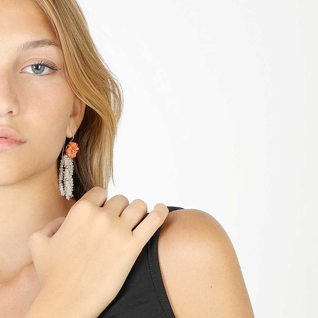 Orecc. Pietra di luna c/corallo e brills