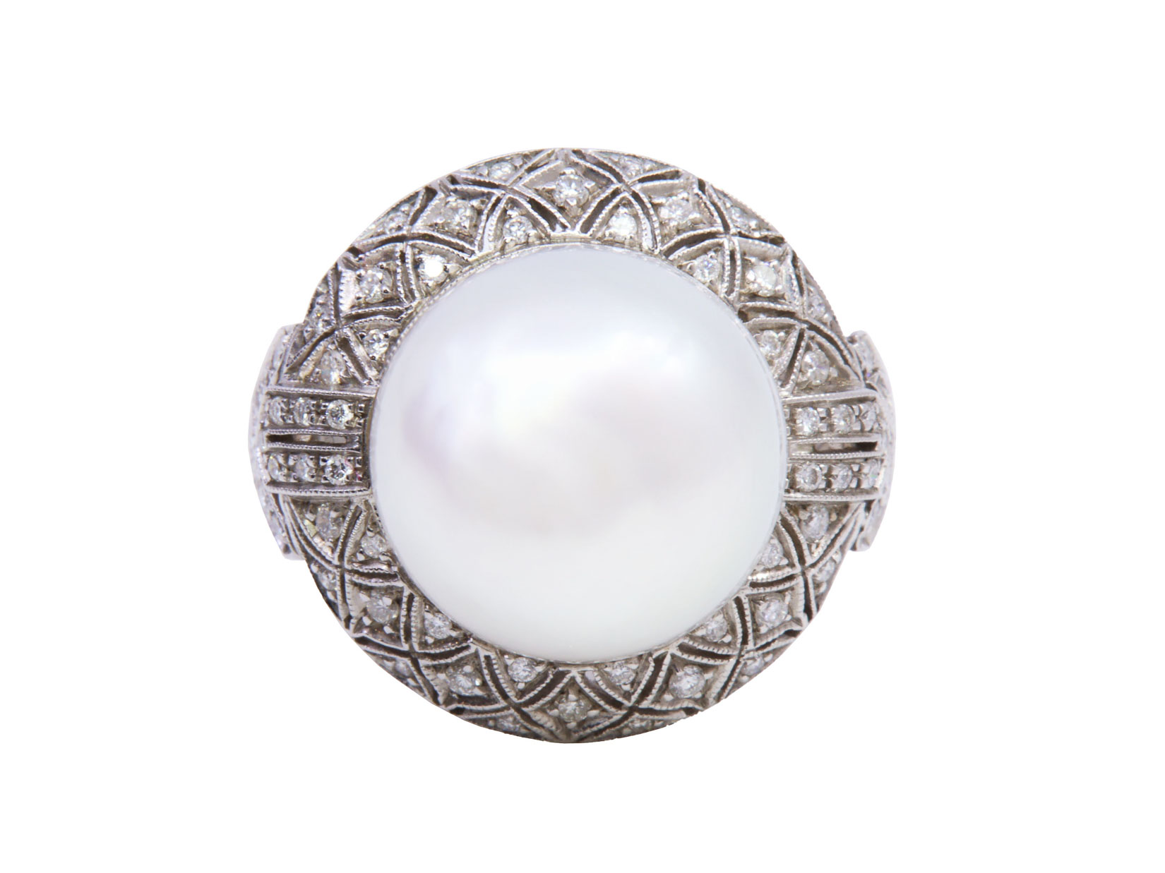 Anello perla e brillanti, toppa tonda stile deco