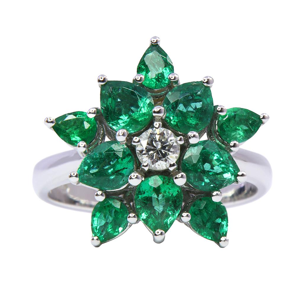 Anello fiore - Smeraldi 2,18ct, brillante 0,18ct, F/G-VS1 in oro 18kt, peso totale 6,3gr